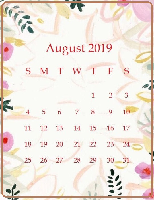 Cute August 2019 Calendar 