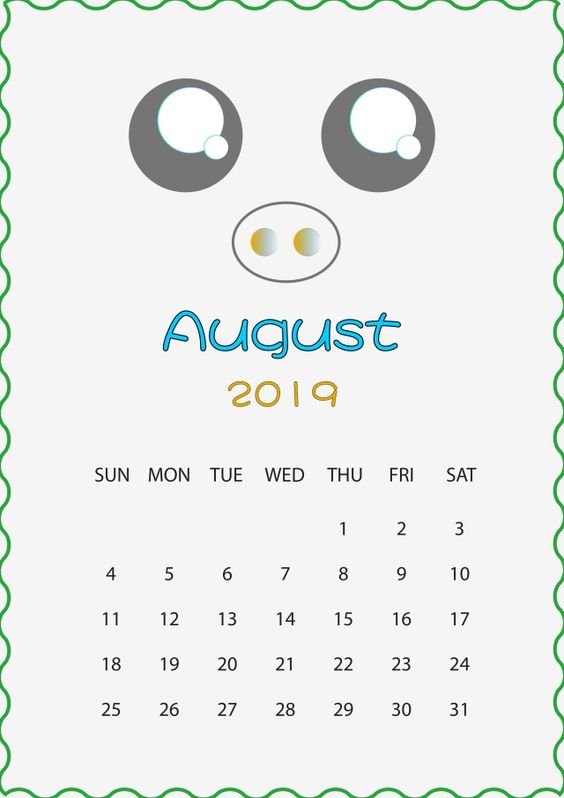 Cute Monthly August 2019 Calendar