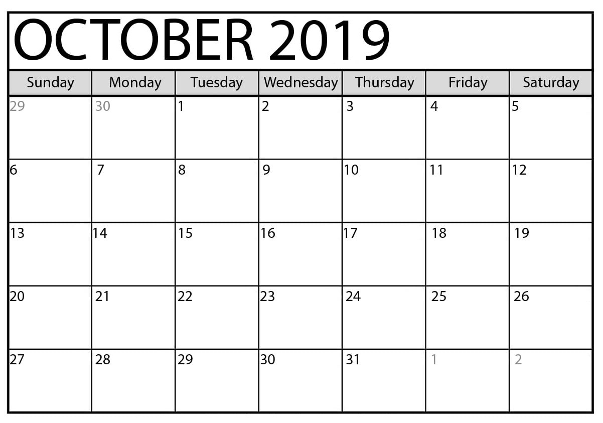 October 2019 Calendar Printable