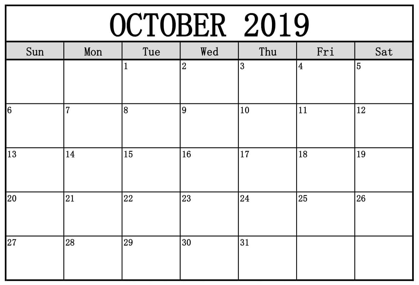 October Calendar 2019 Printable