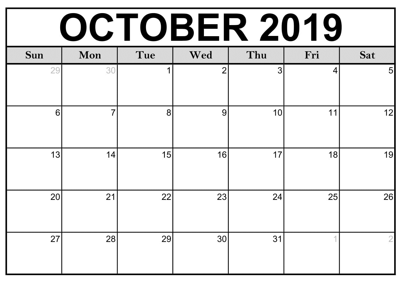 2019 October Calendar Printable