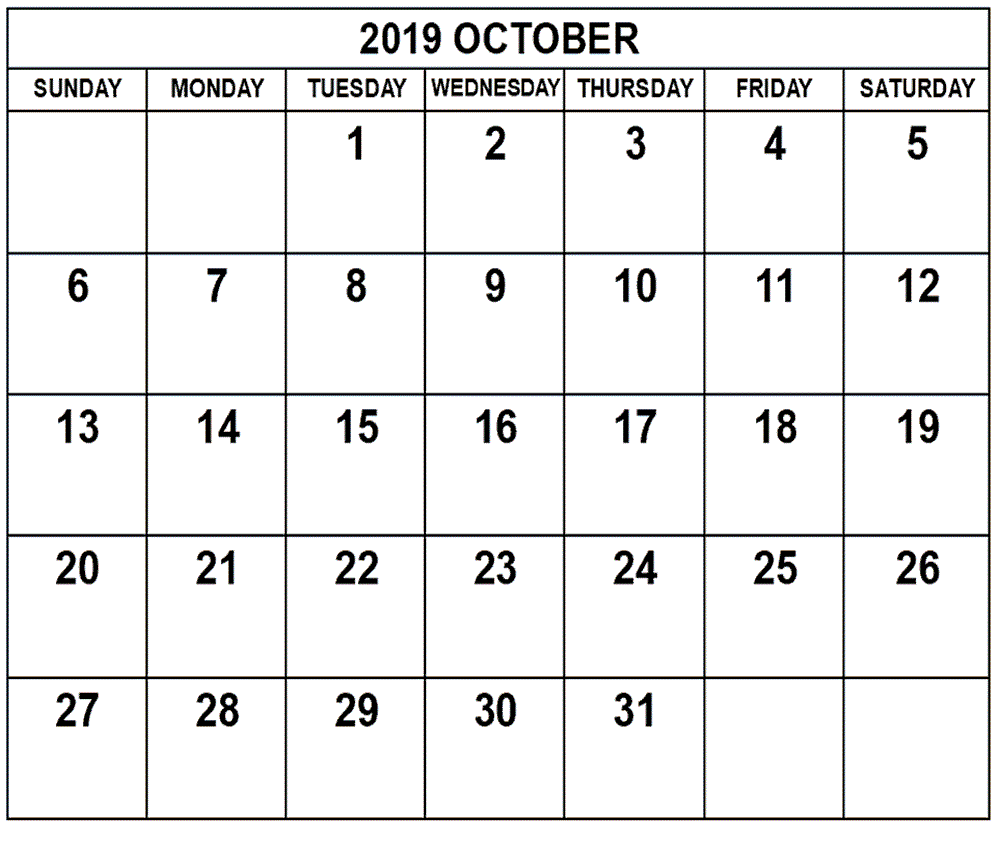 October Calendar 2019 