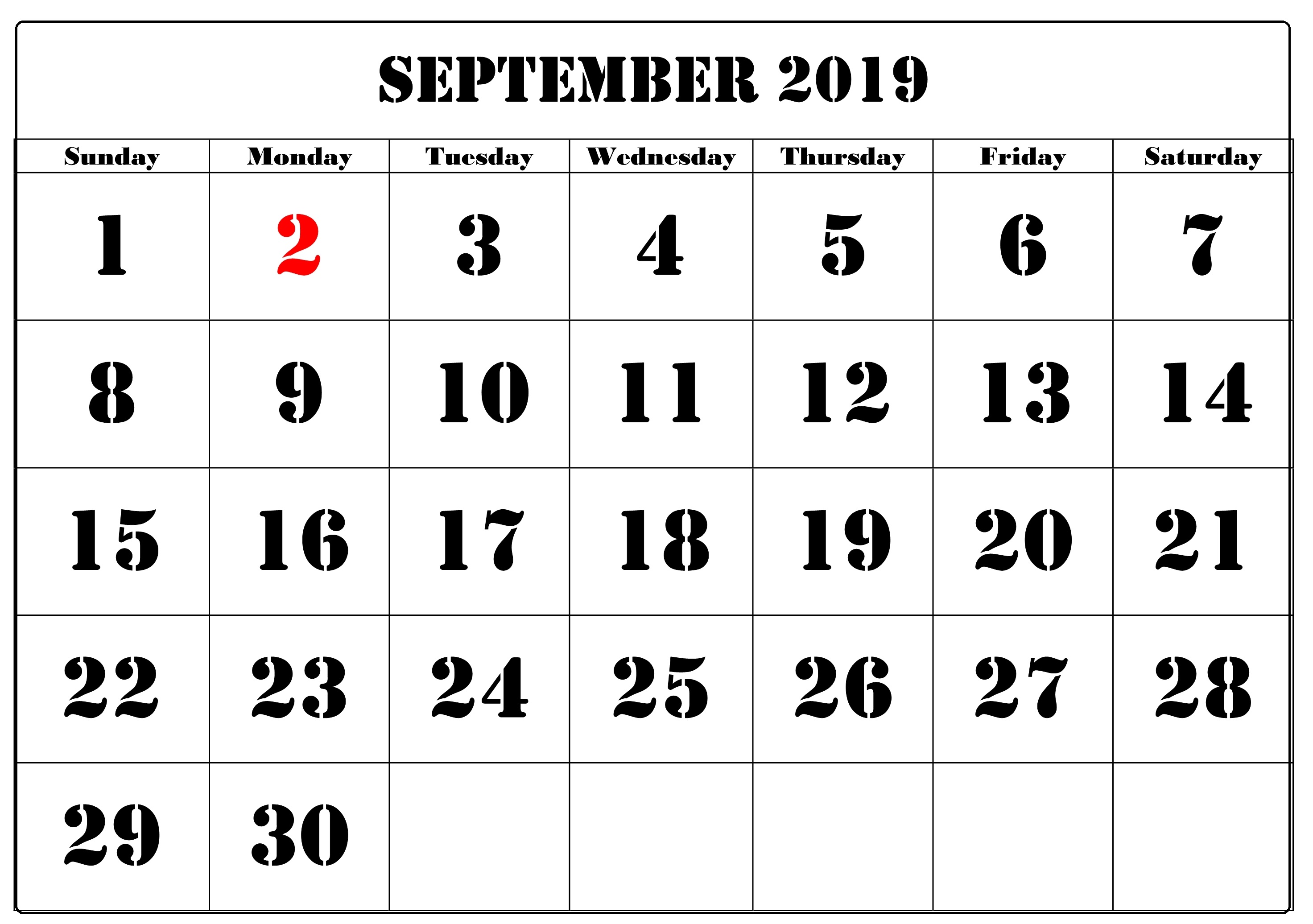 September 2019 Blank Calendar 