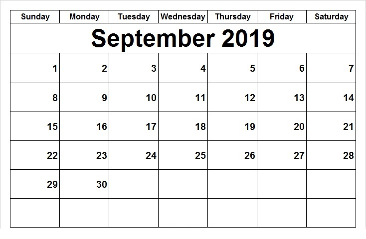 2019 September Printable Calendar 