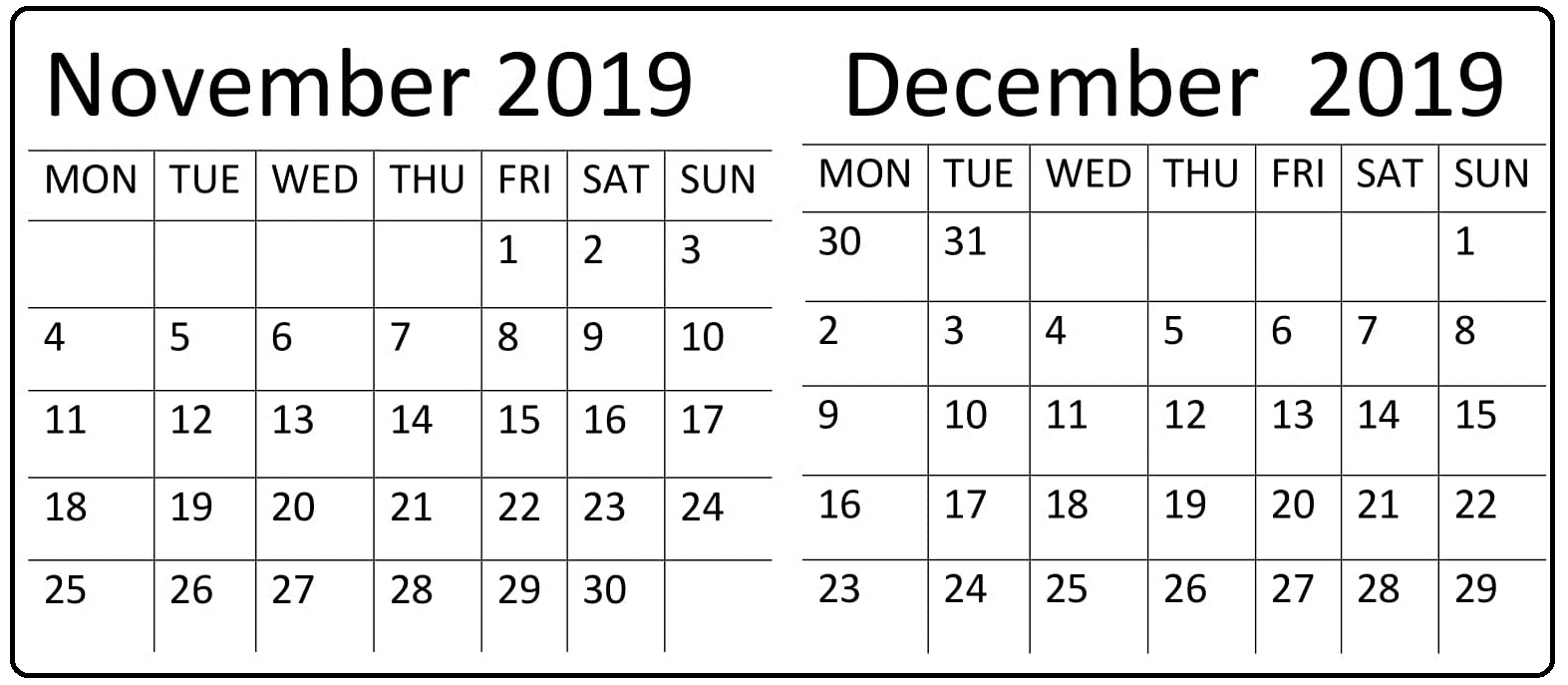 November December 2019 Calendar