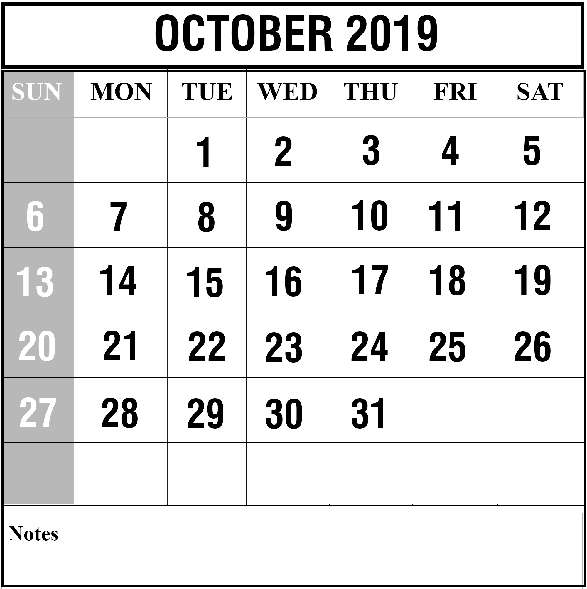 Free Printable October 2019 Calendar