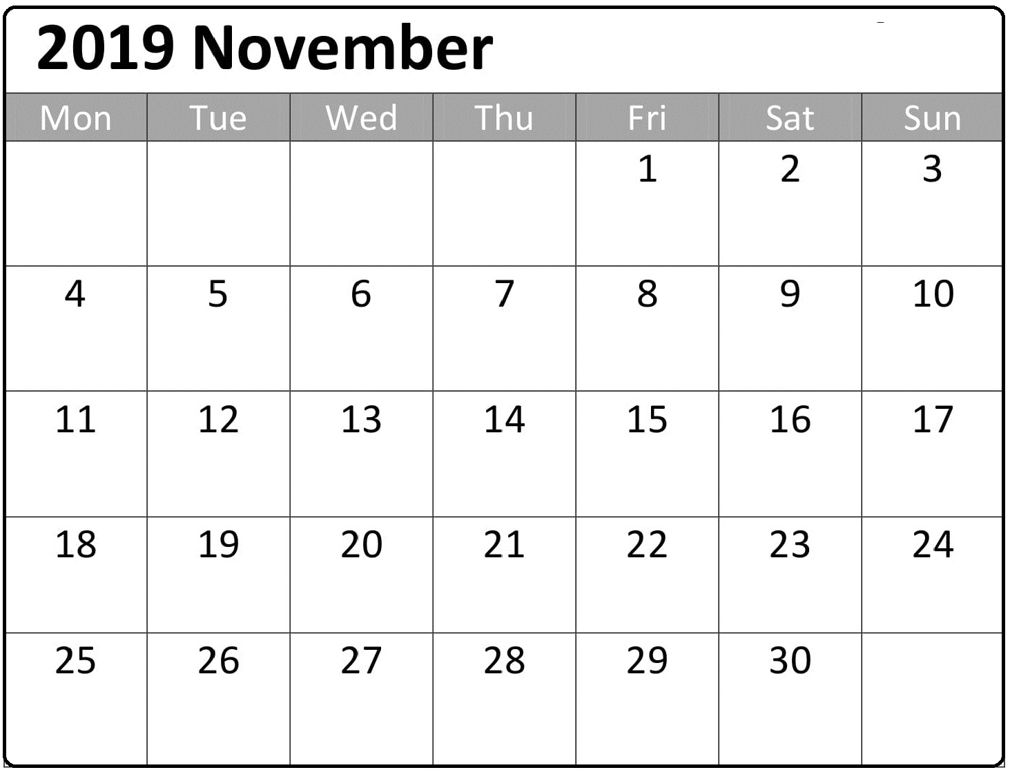 Free Printable November 2019 Calendar