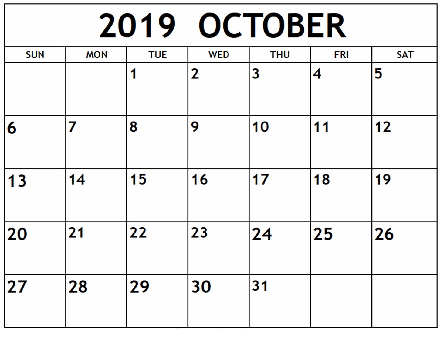 Free Printable October 2019 Calendar