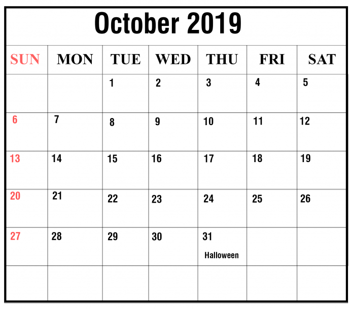 Free Printable October 2019 Calendar