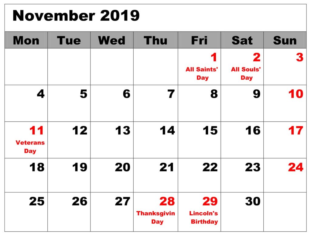 November 2019 Calendar With Holidays 