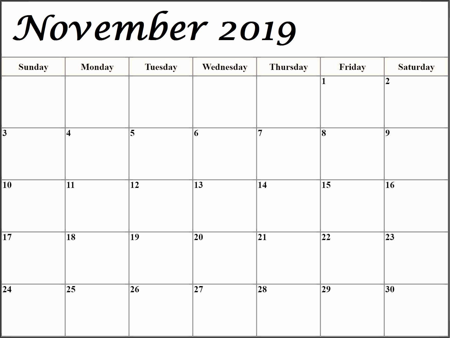 November 2019 Calendar Printable