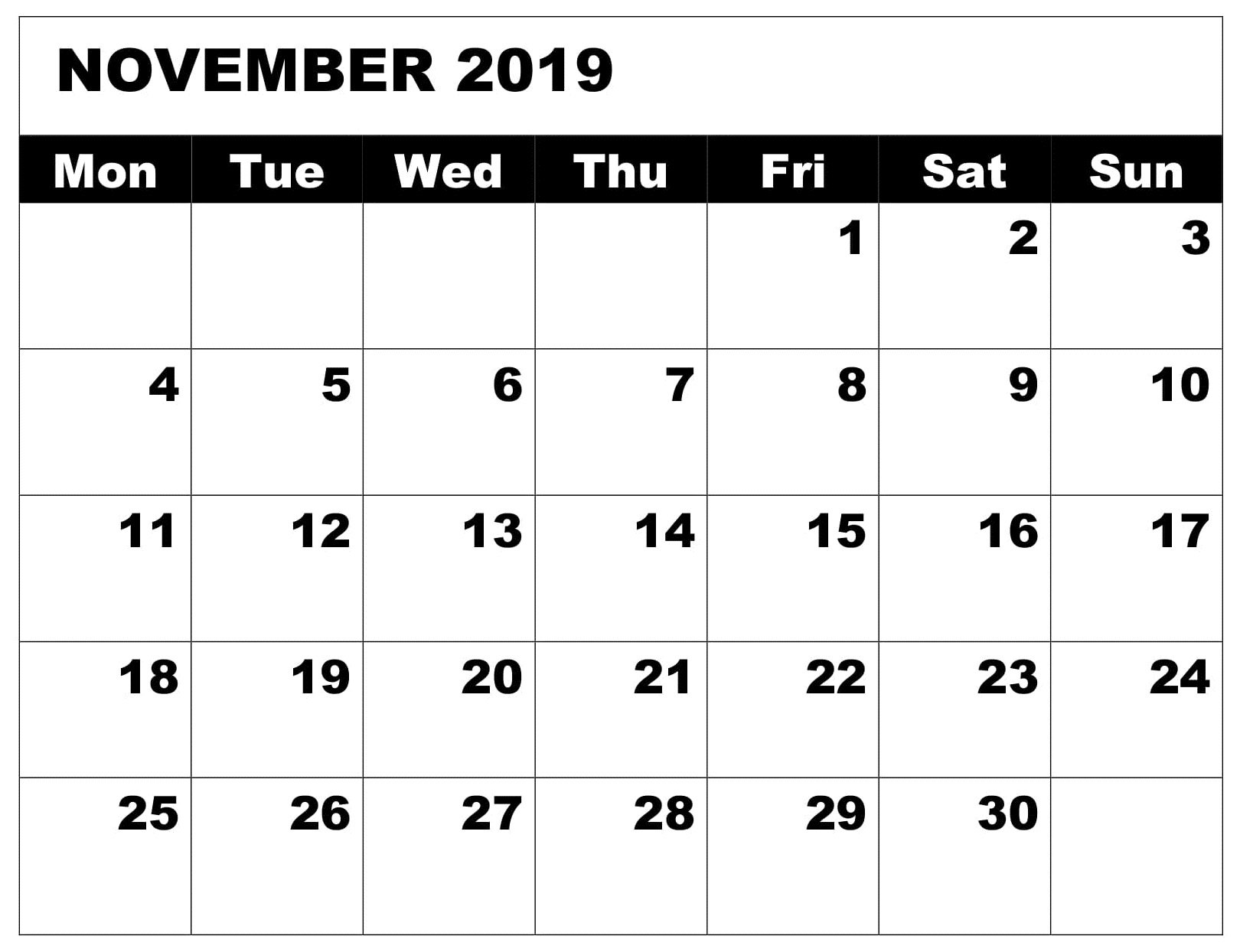 November 2019 Calendar Template