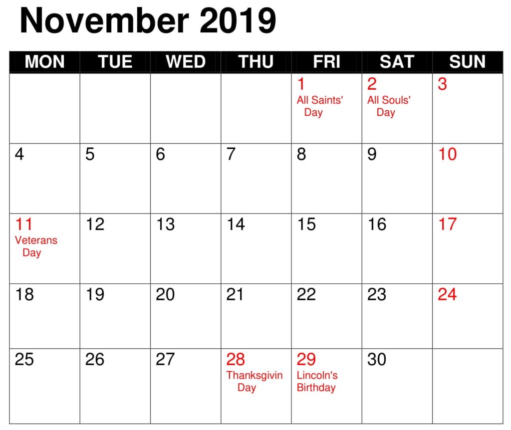 November 2019 Calendar With Holidays 