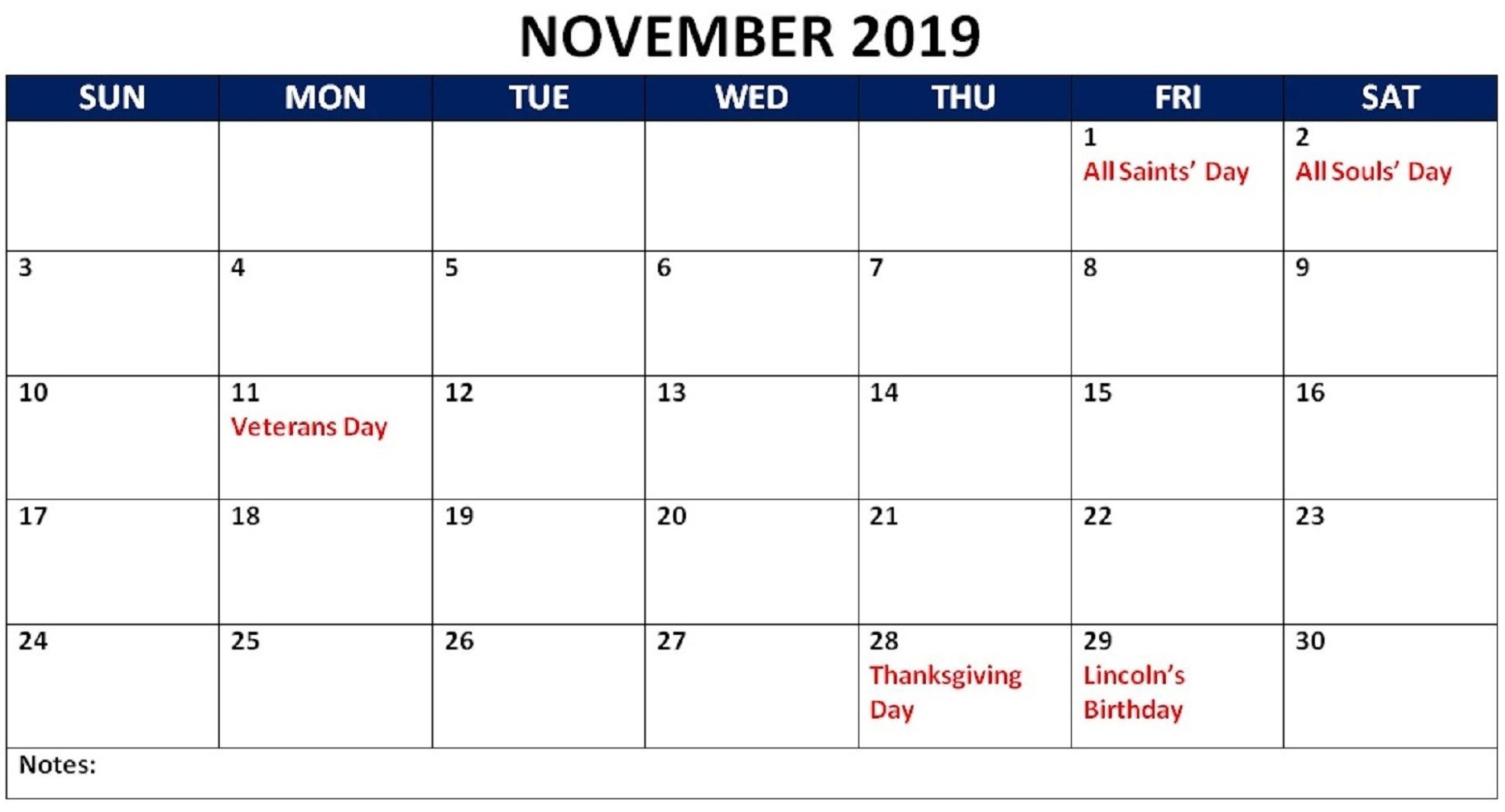 November 2019 Calendar With Holidays 