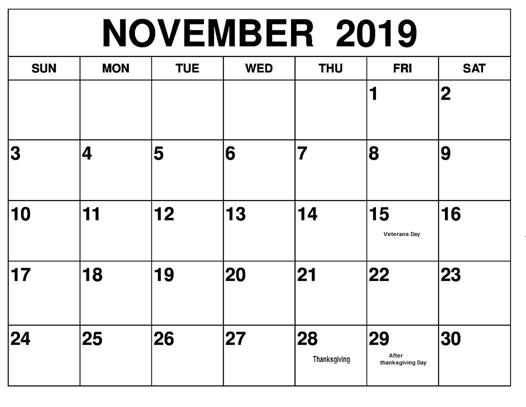 November 2019 Calendar With Holidays 