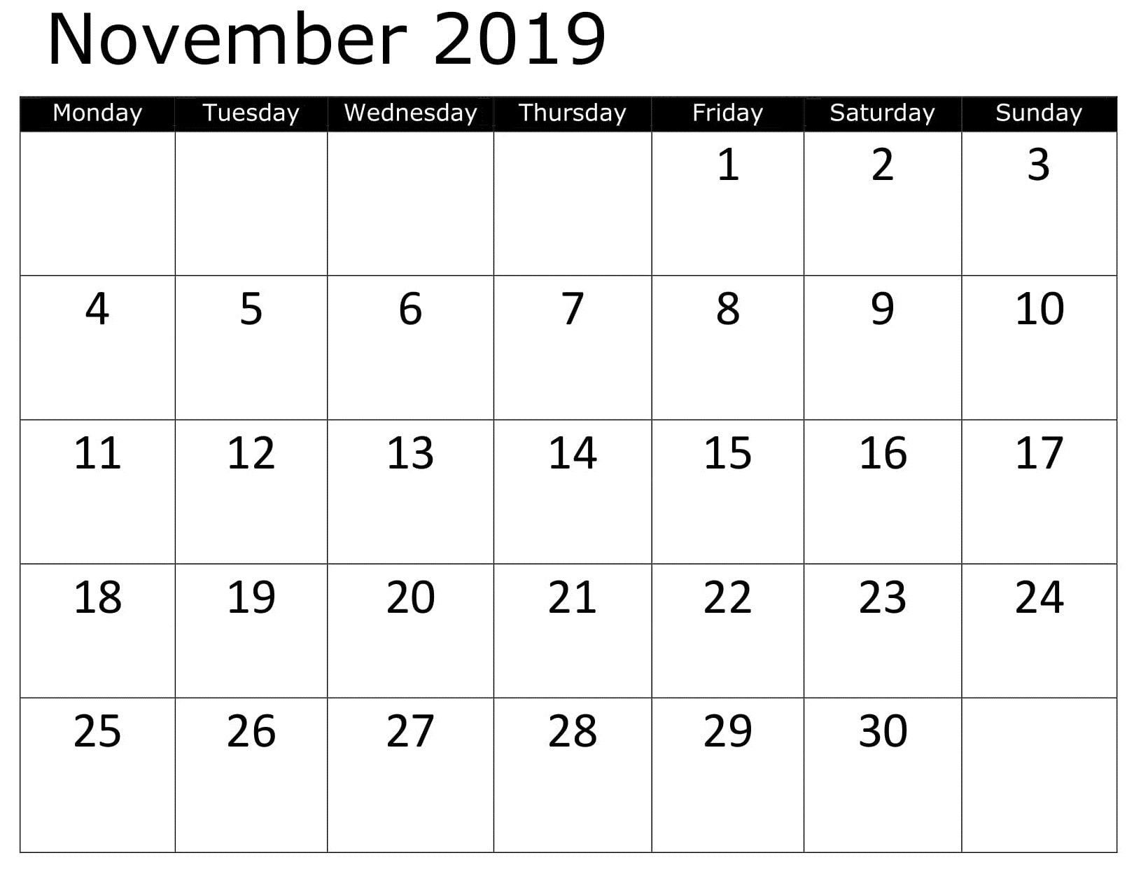 November 2019 Calendar Printable