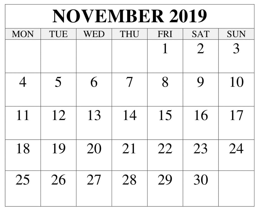 November 2019 Printable Calendar One Page Template - Latest Printable ...