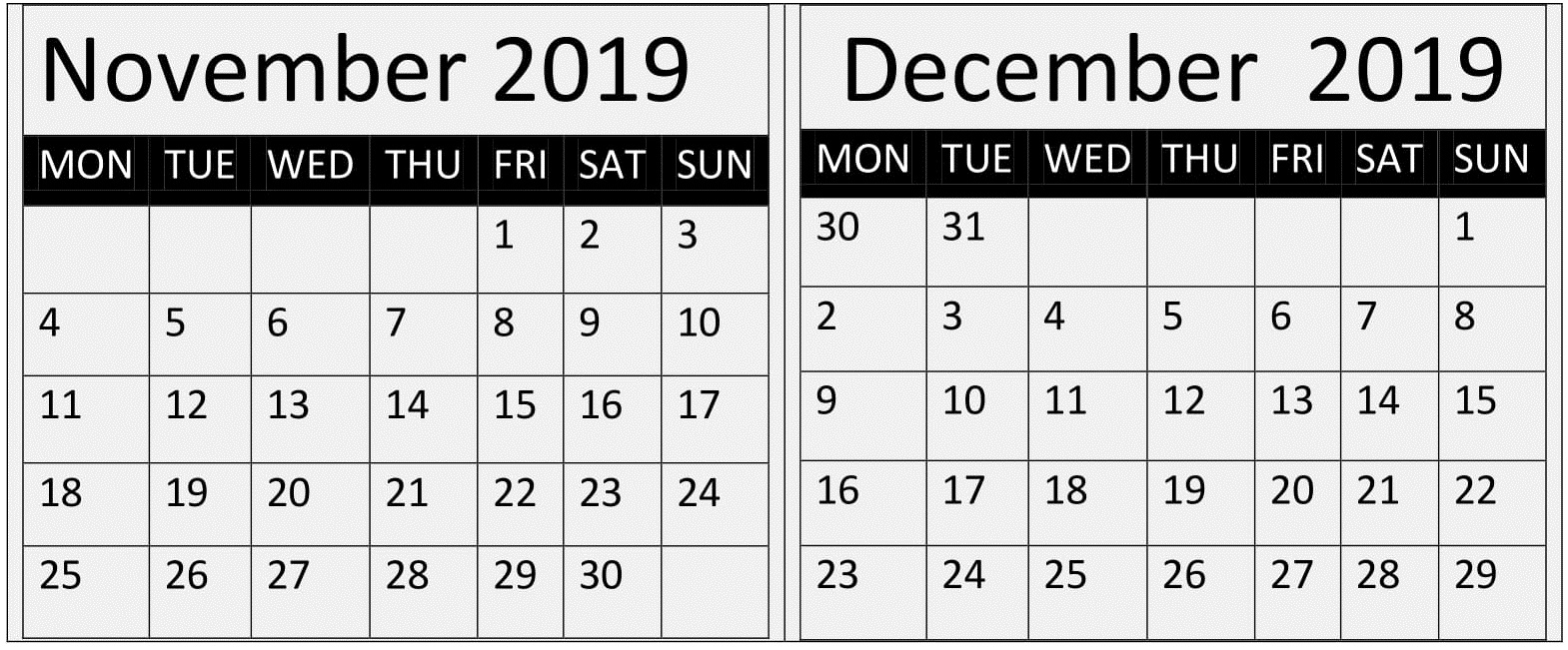 November December 2019 Calendar