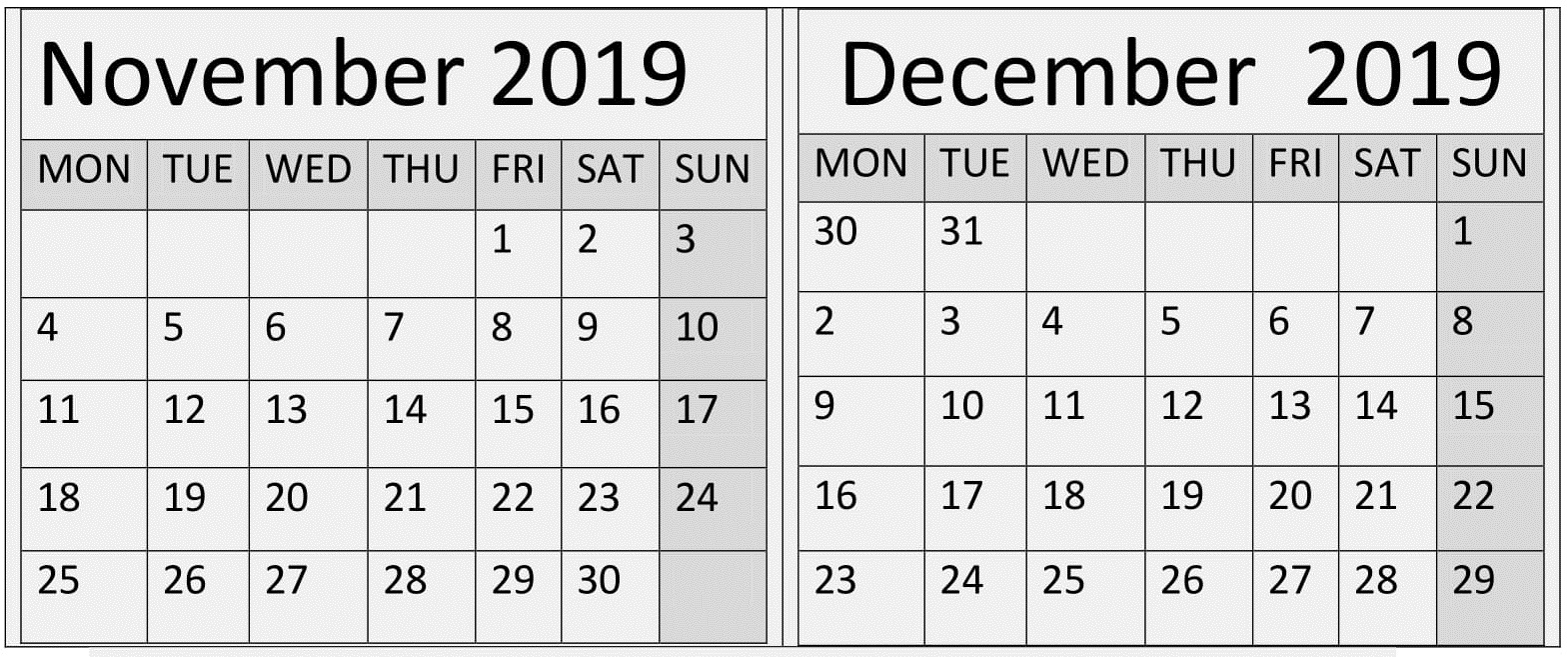 November December 2019 Calendar