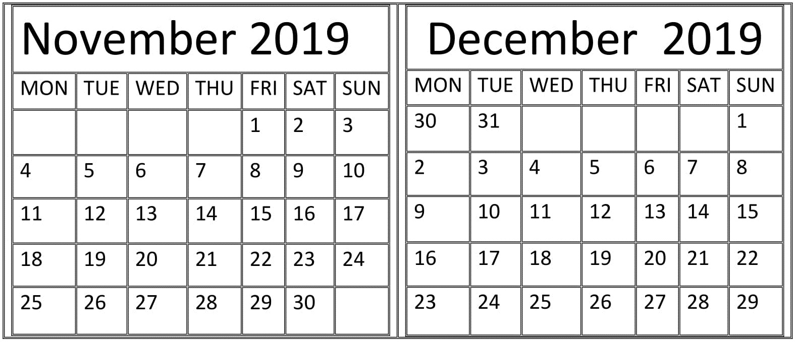 November December 2019 Calendar