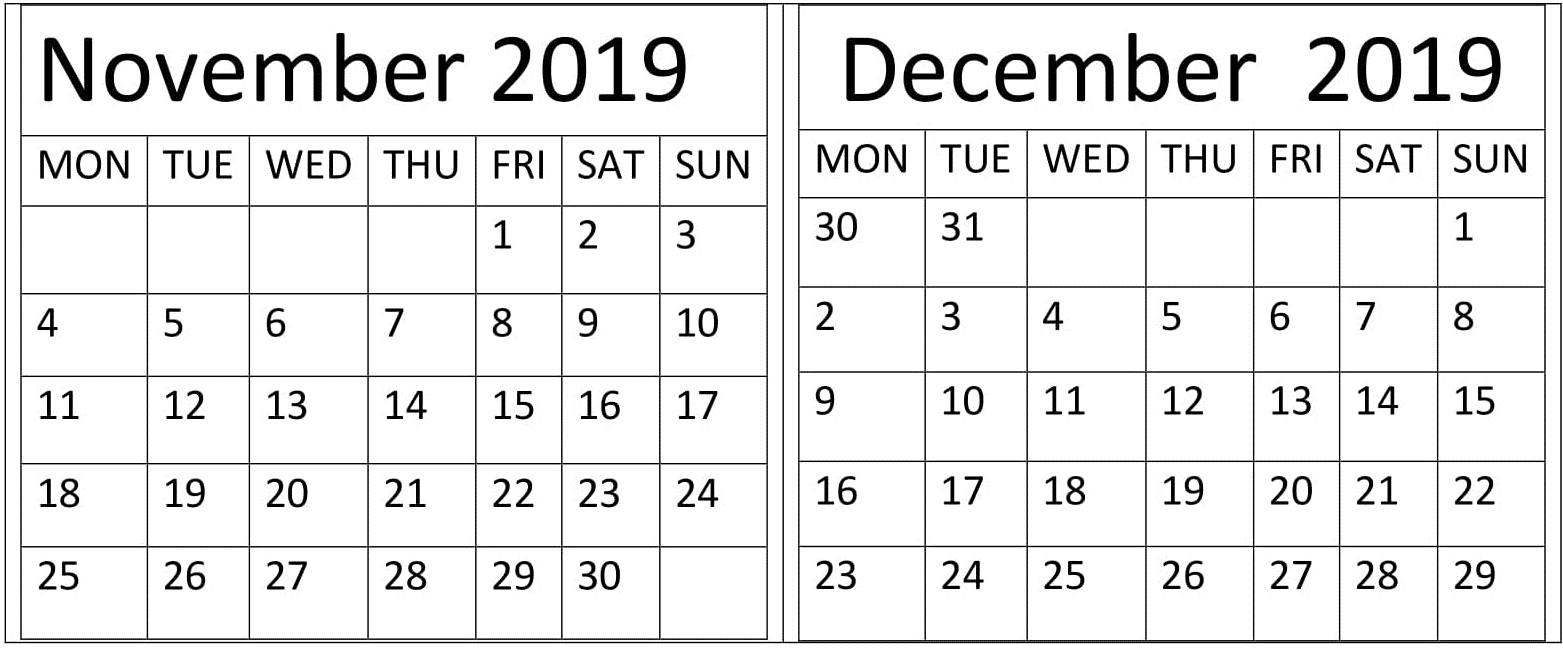 November December 2019 Calendar