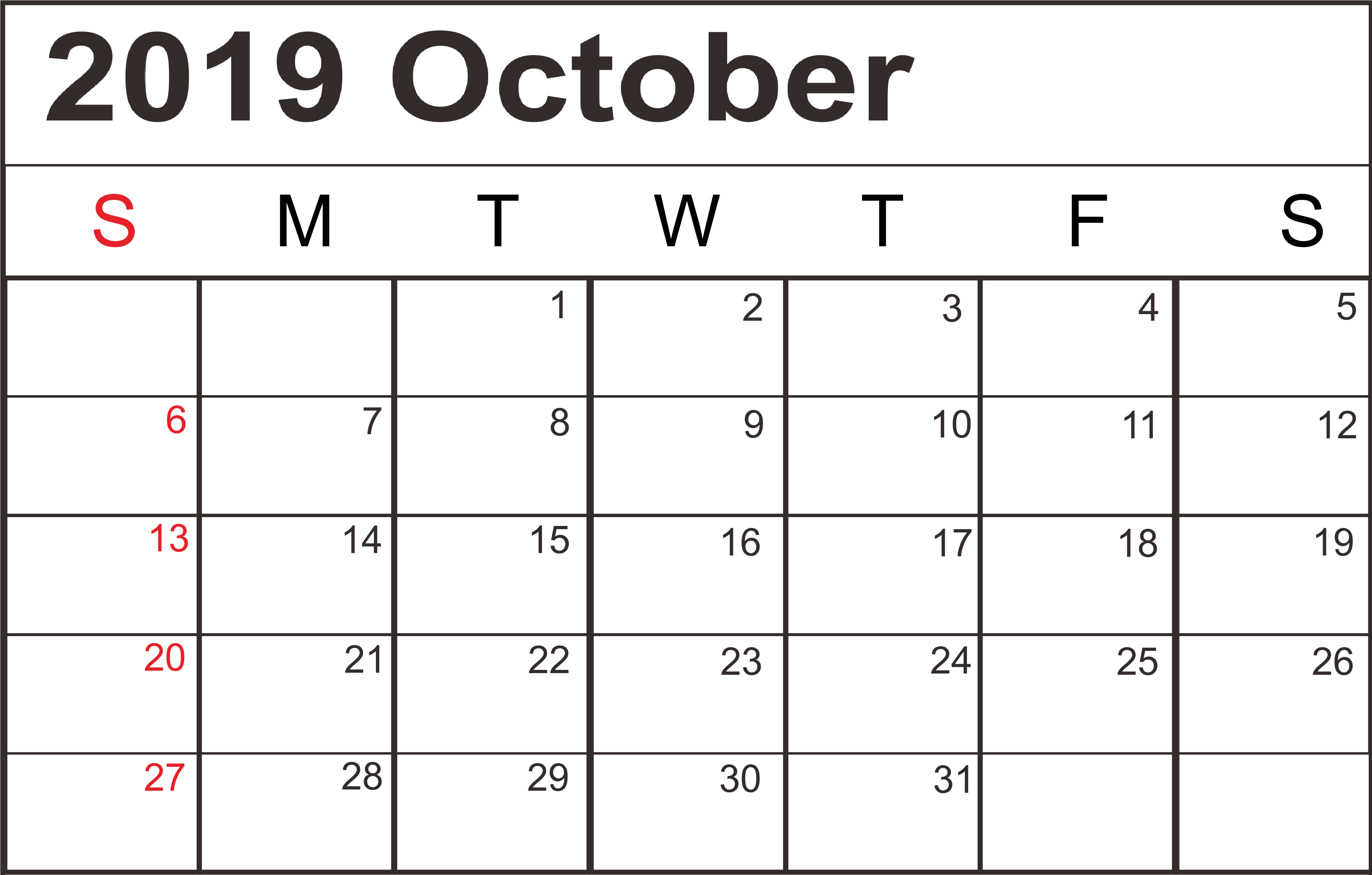 October 2019 Blank Calendar 