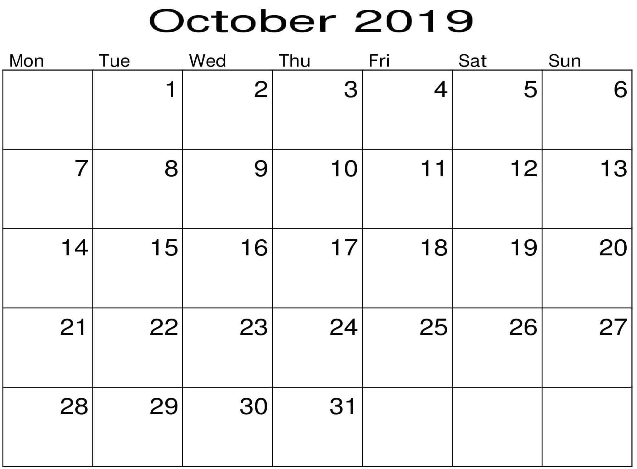 October 2019 Blank Calendar 