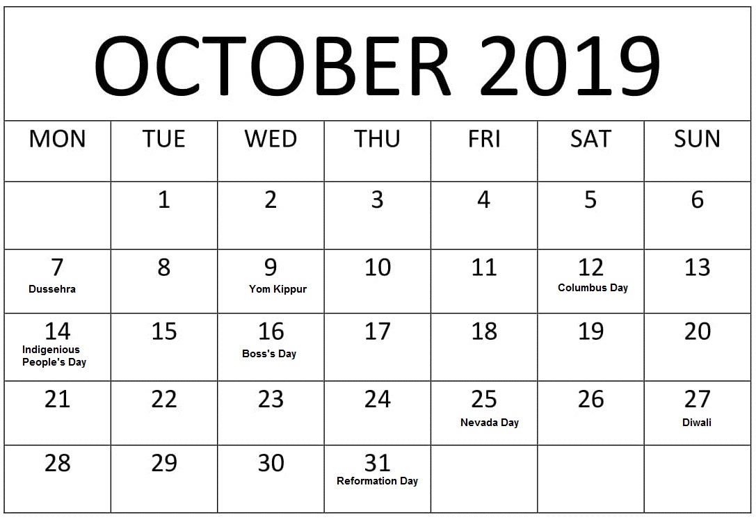 October 2019 Calendar With Holidays