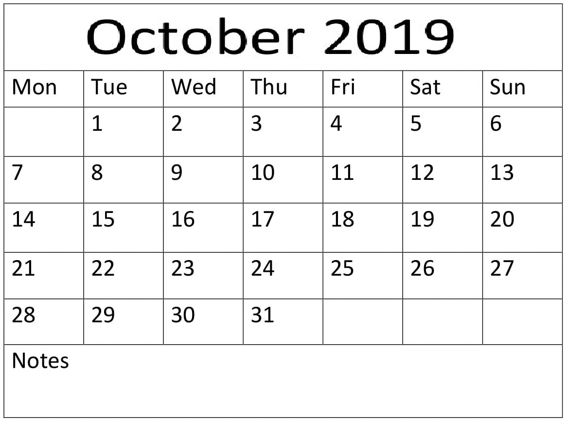 October 2019 Blank Calendar 