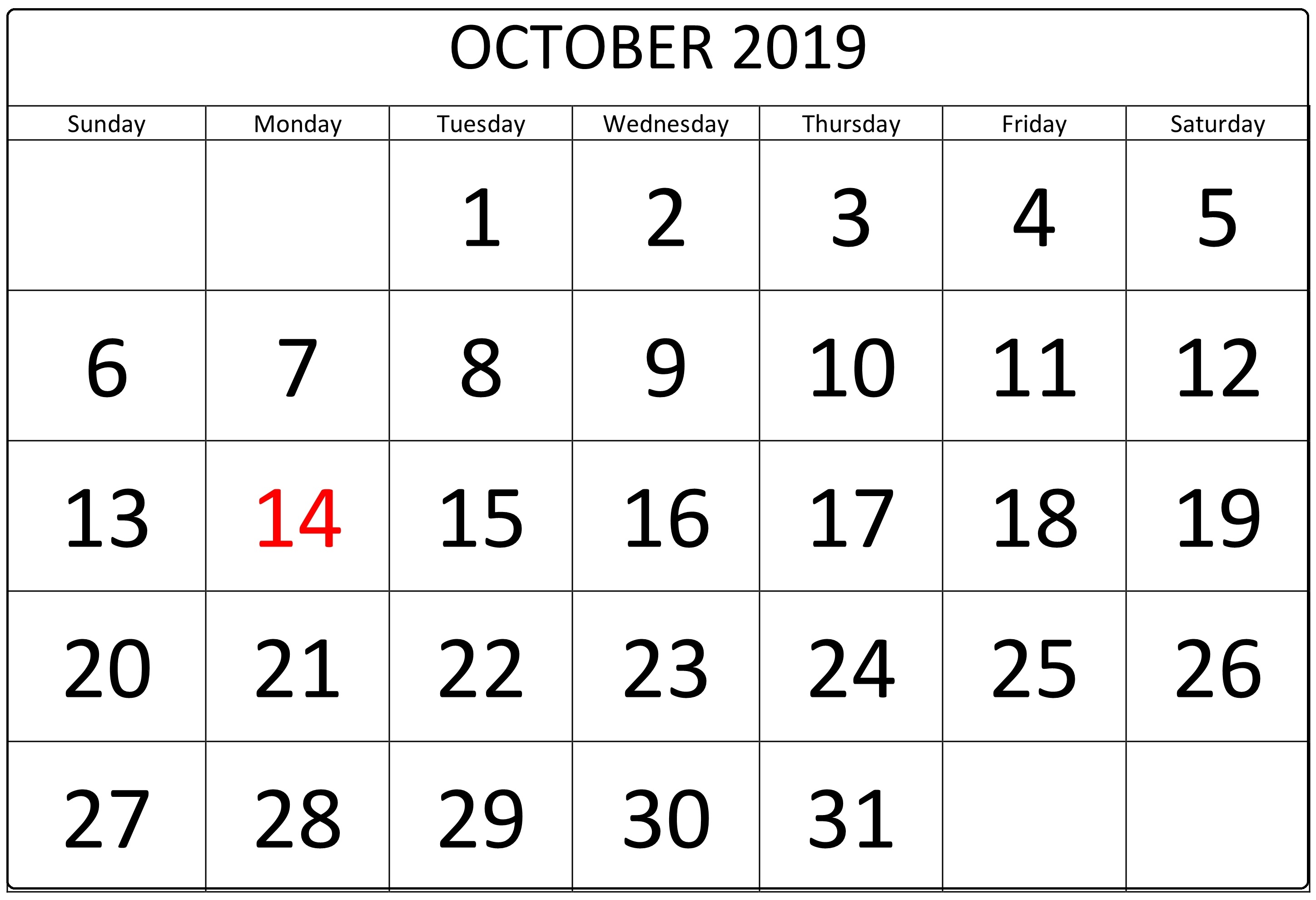 October 2019 Calendar Template
