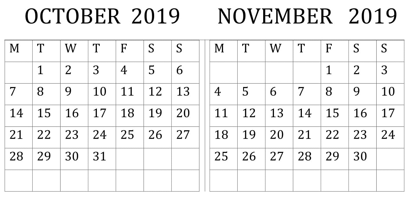 October November 2019 Calendar Design