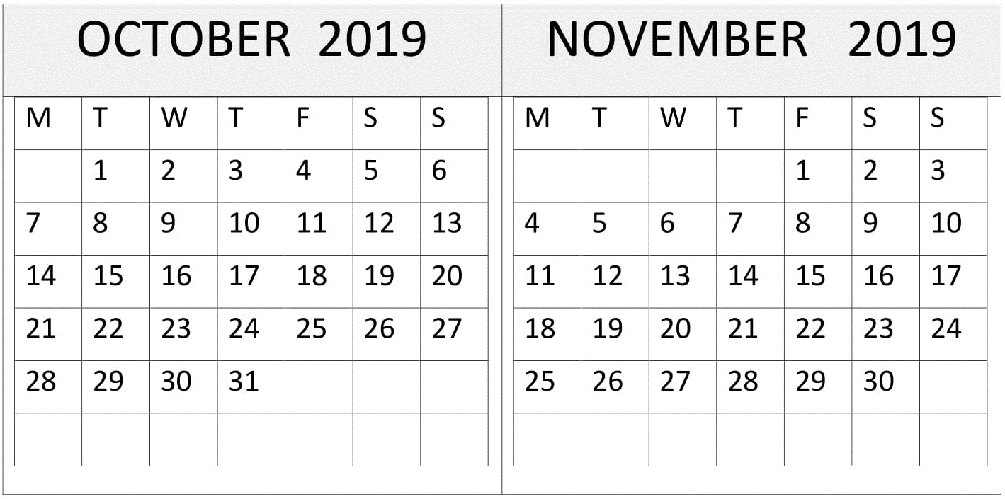 October November 2019 Calendar One Page