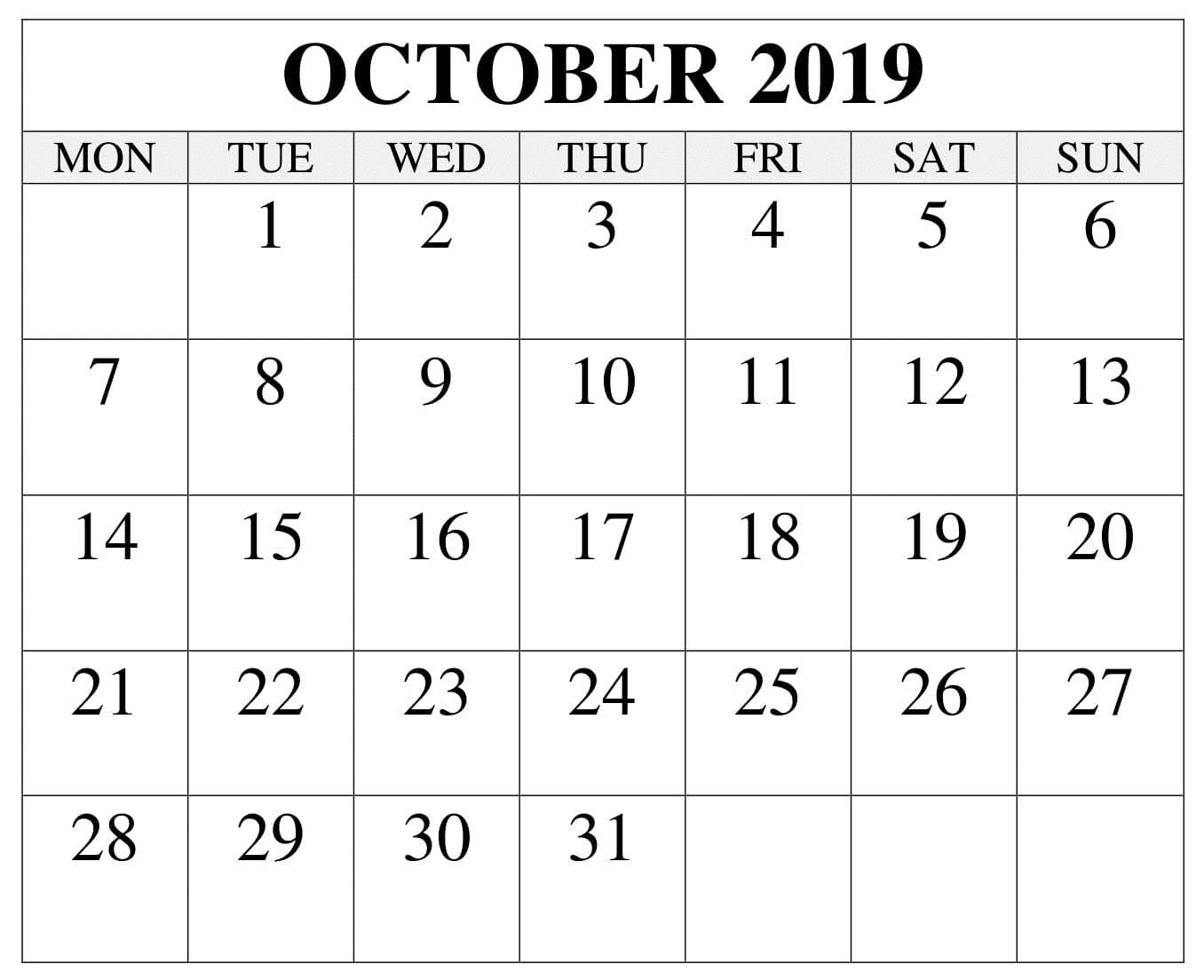 October 2019 Blank Calendar 