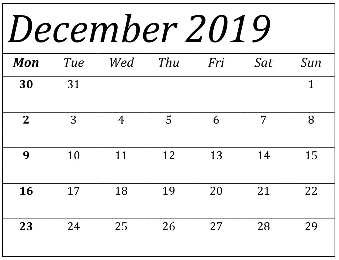 2019 December Calendar 
