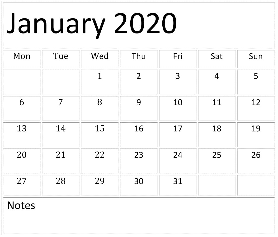 2020 January Calendar