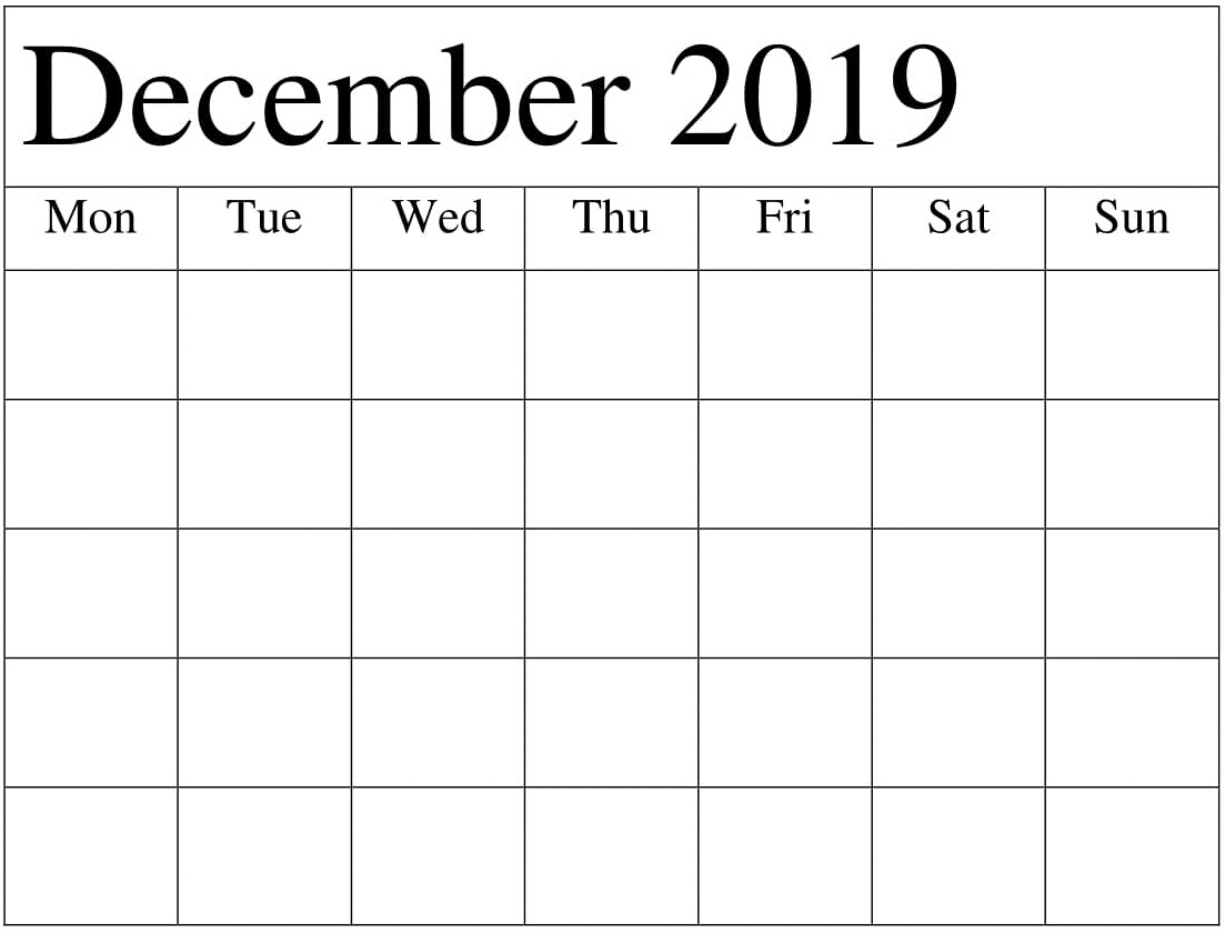 Blank December 2019 Calendar