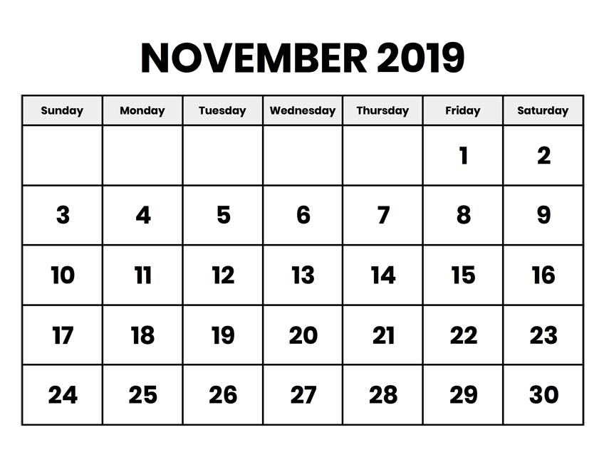 Blank November 2019 Calendar