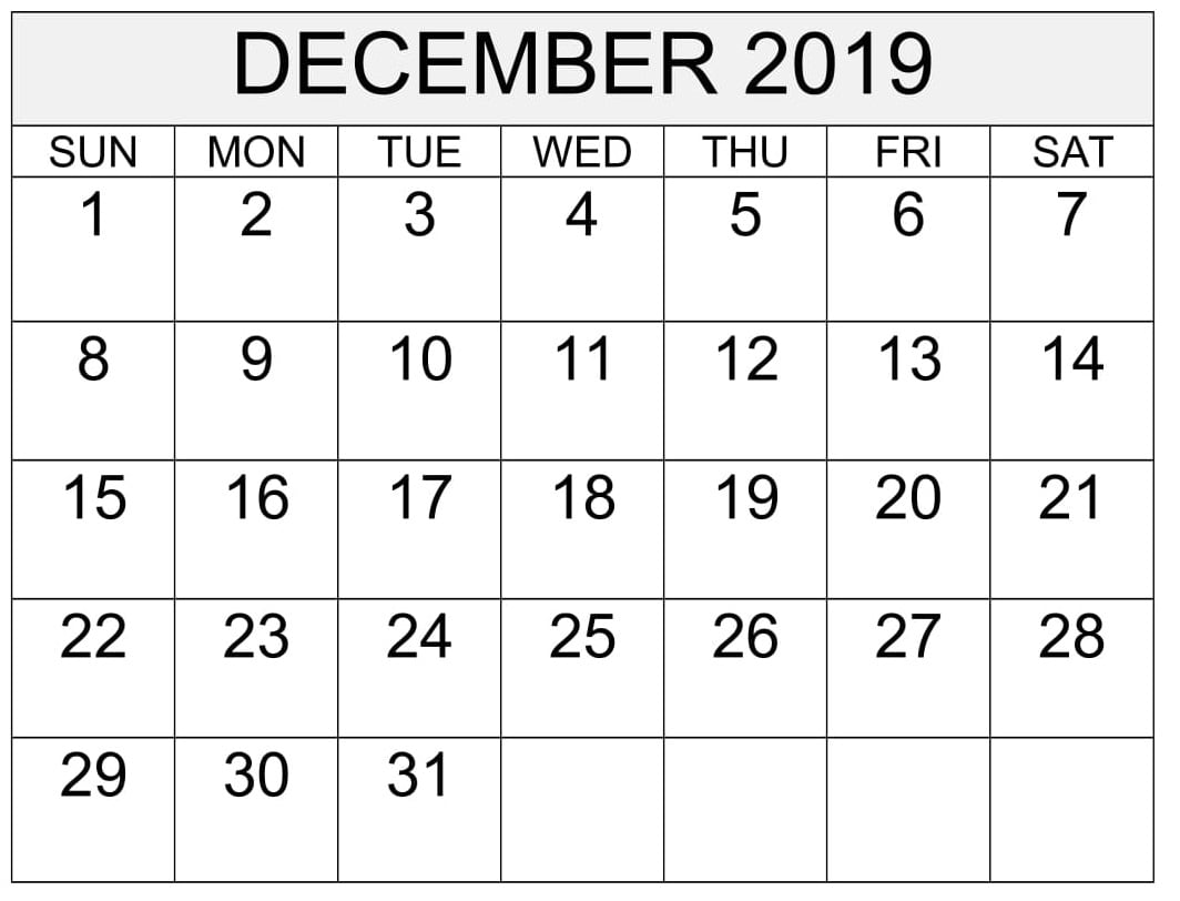 December 2019 Calendar Template