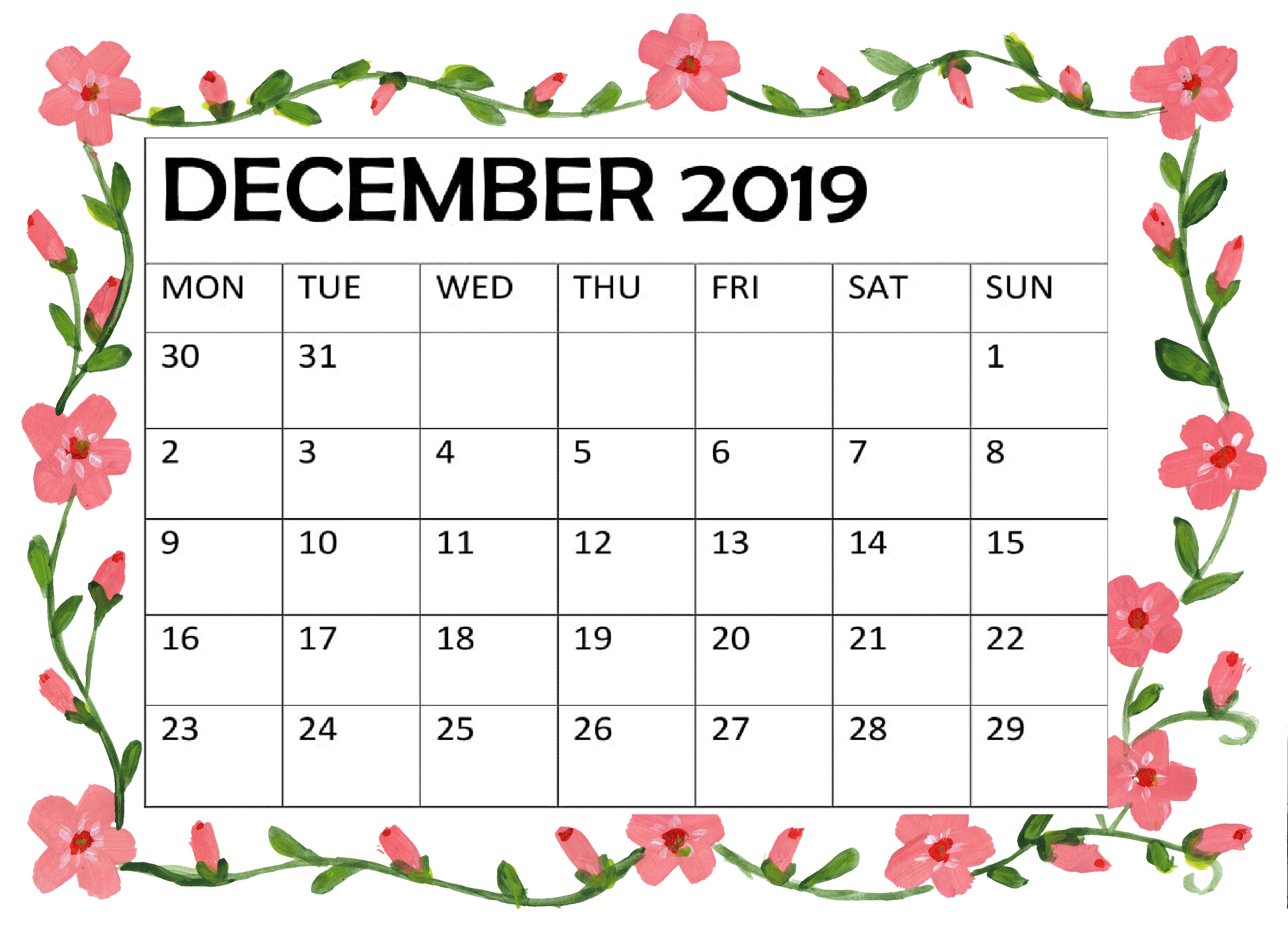 December 2019 Calendar Printable