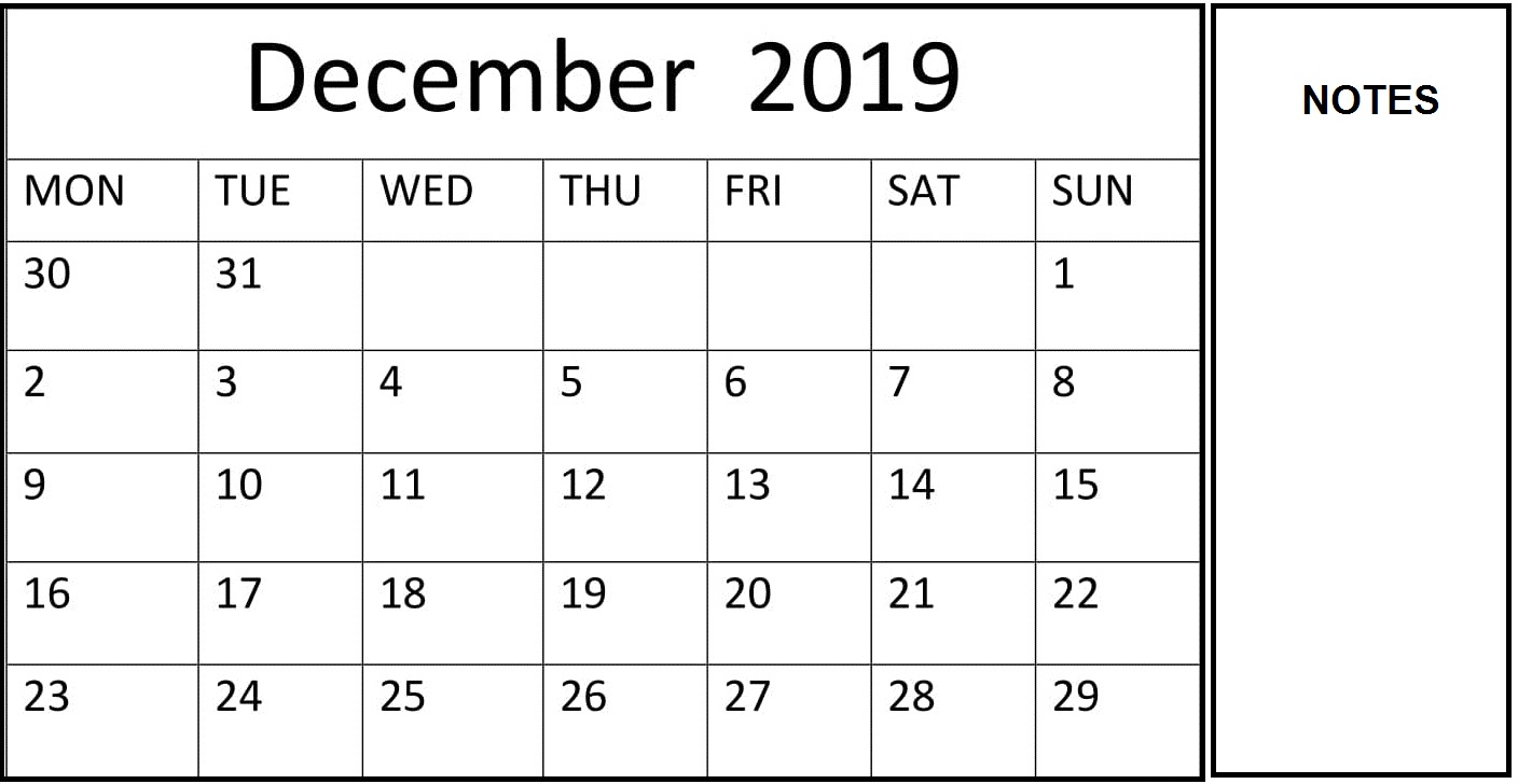 December 2019 Calendar Template