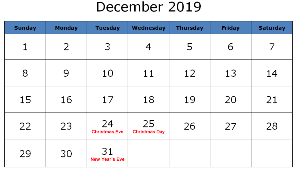 December 2019 Calendar With Holidays Federal And Public - Latest ...