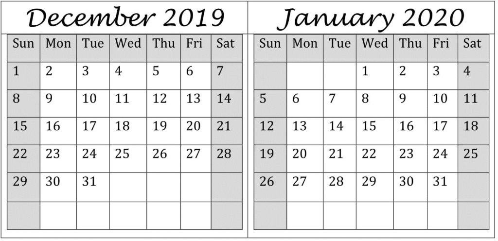 December January 2020 Calendar Excel, Word Printable - Latest Printable ...