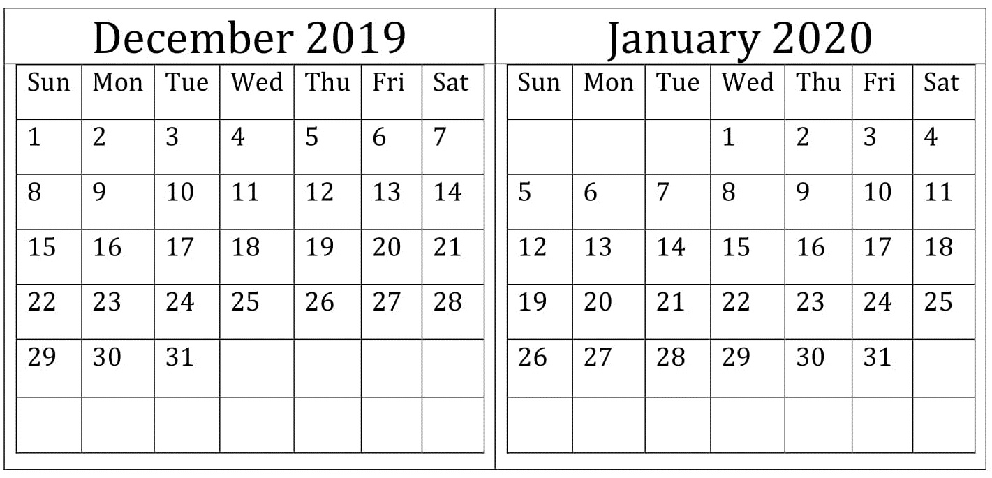 December January 2020 Calendar