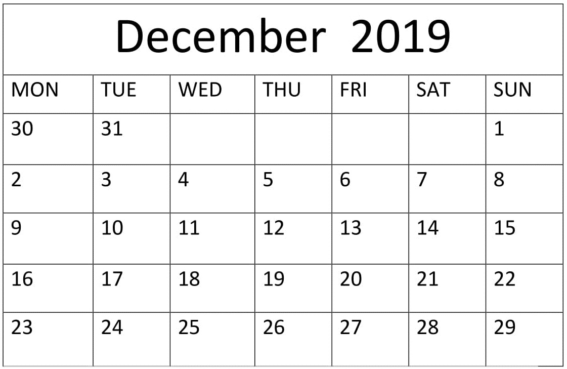 Free Printable December 2019 Calendar