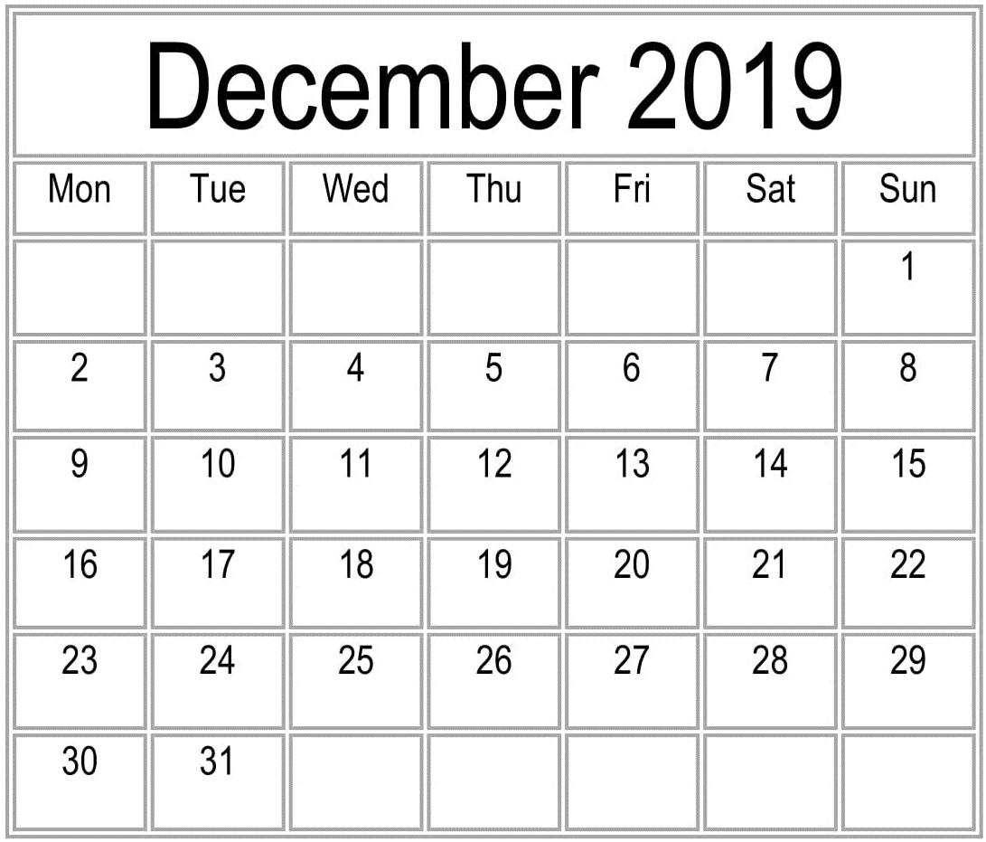 Free Printable December 2019 Calendar