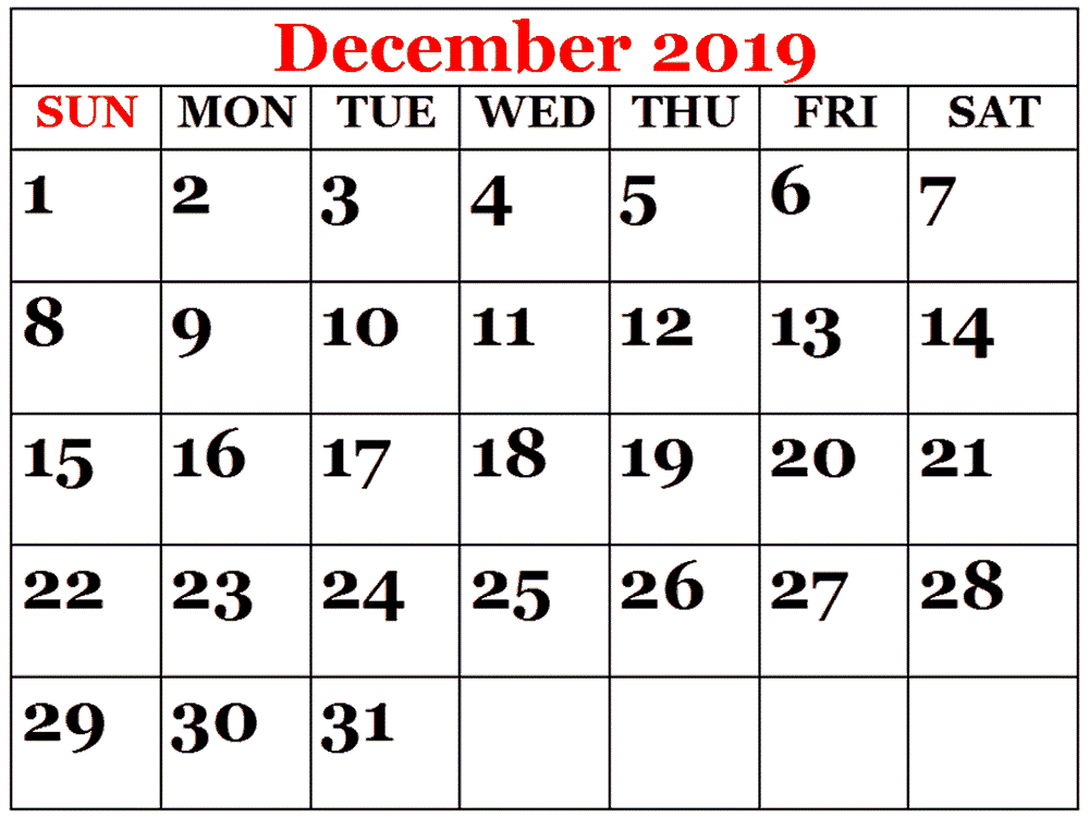 Free Printable December 2019 Calendar