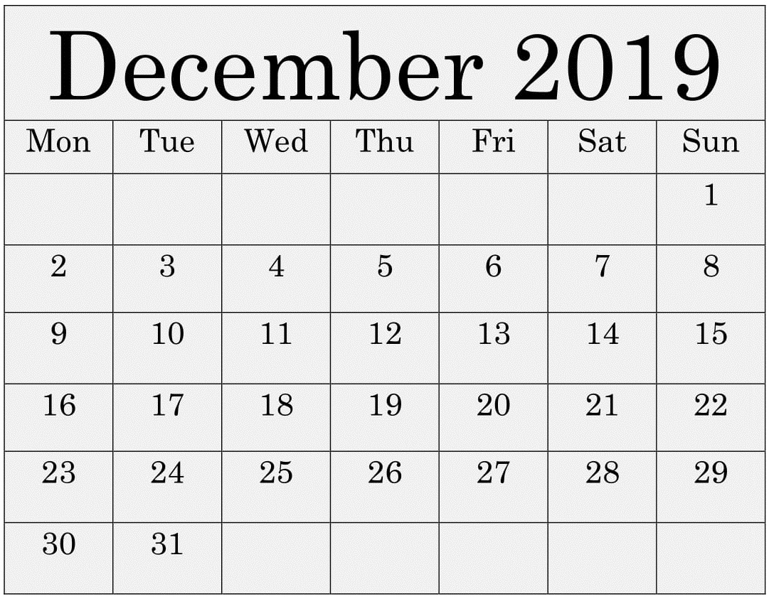 Free Printable December 2019 Calendar