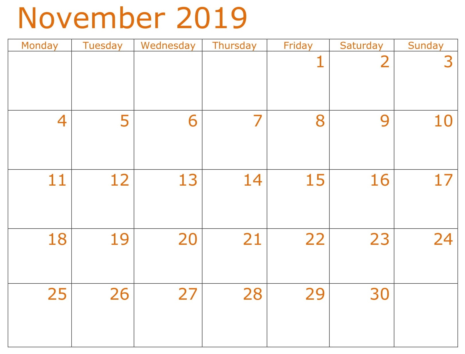 Printable November 2019 Calendar