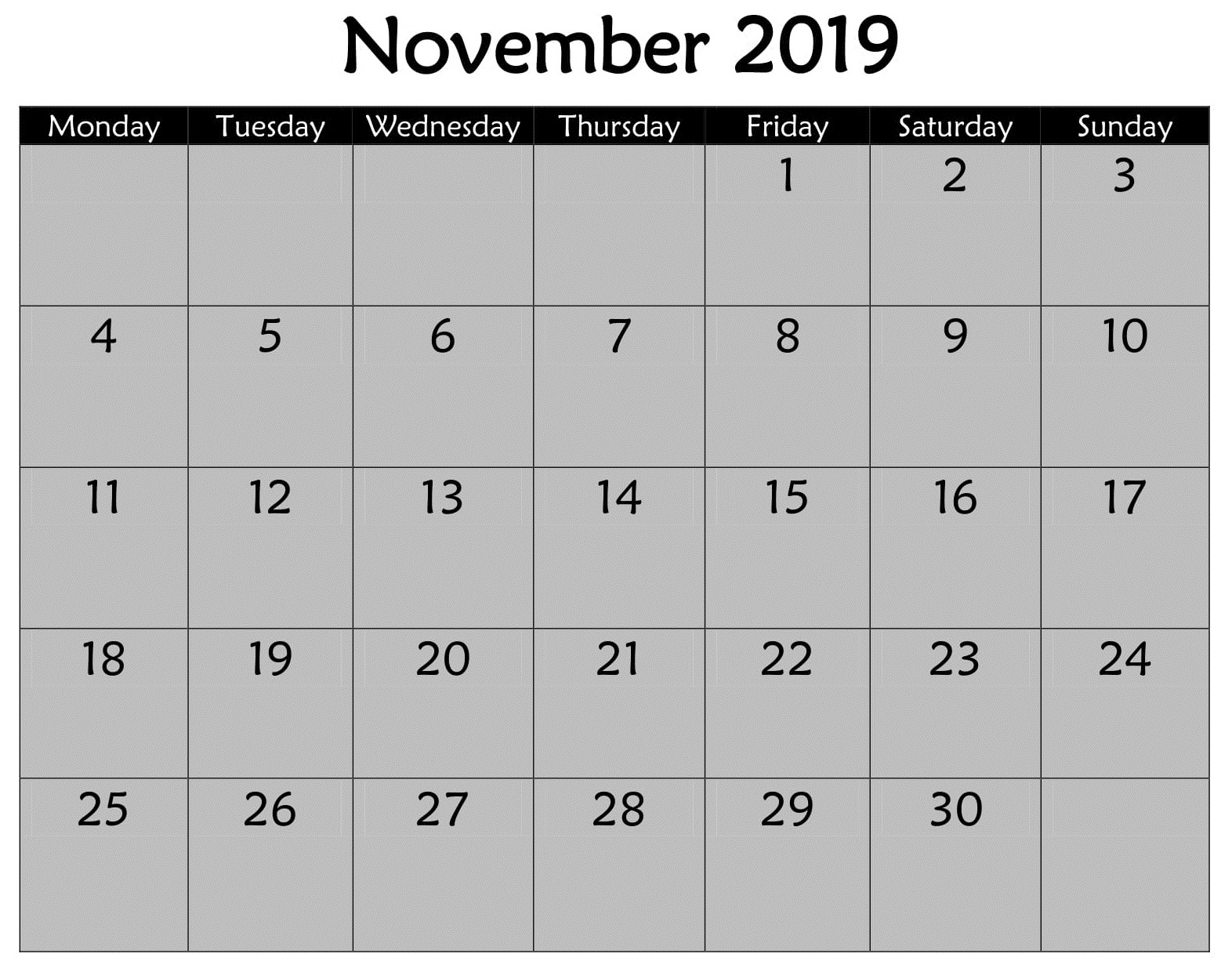 Printable November 2019 Calendar