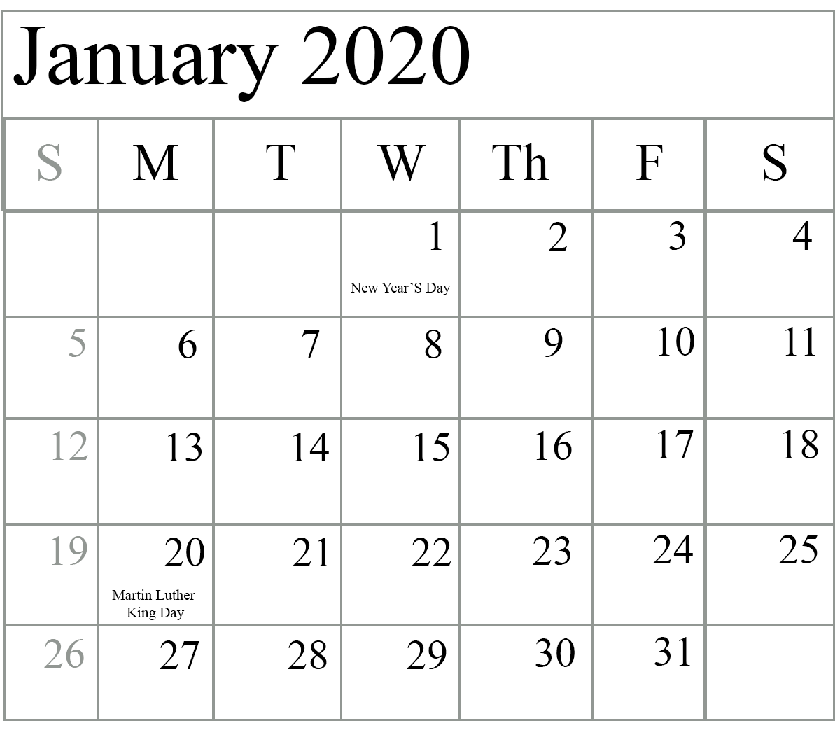 2020 January Calendar